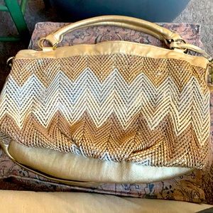 Big Buddha hand bag. Gold, beige and silver. Sequins, artsy, holiday look.